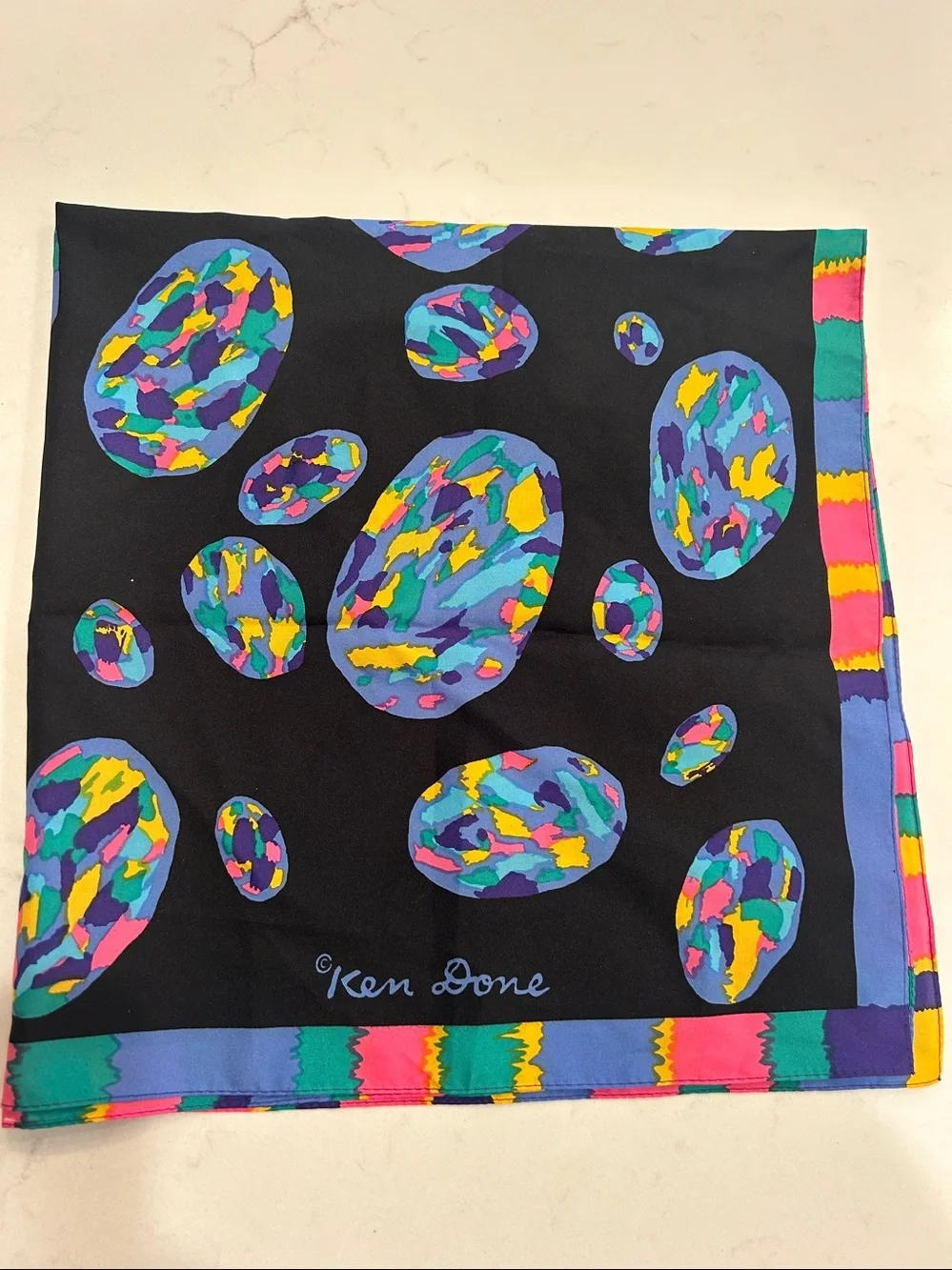 Ken Done Navy Multicolor Decorative Silk Scarf